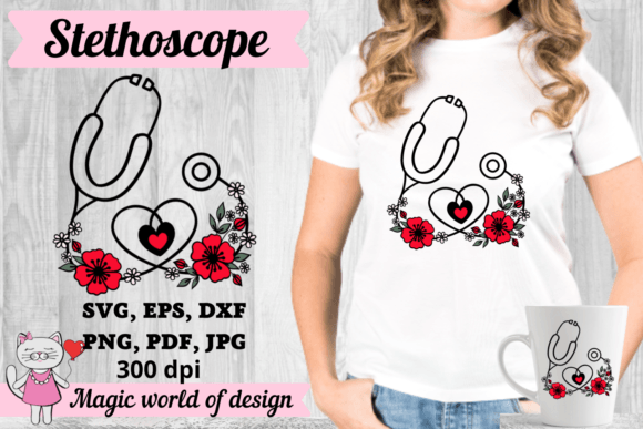 Floral Stethoscope Heart Hand Drawn SVG